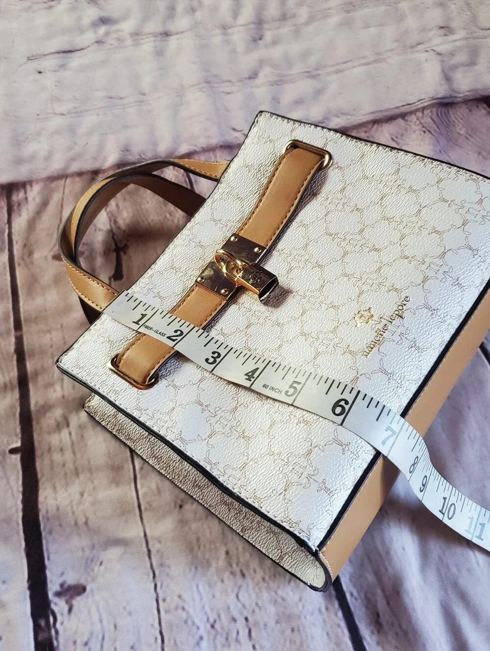 Nanette Lepore White & Tan Shoulder Bag With Lock Accent Preppy Office Career